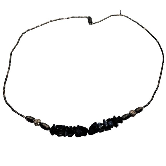 Snowflake obsidian necklace on silver tone tube bead strand - Picture 1 of 4